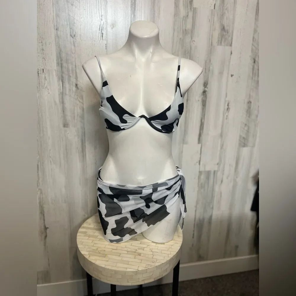 3-Piece Cow Print Bikini Set with Matching Mesh Sarong Women’s Small